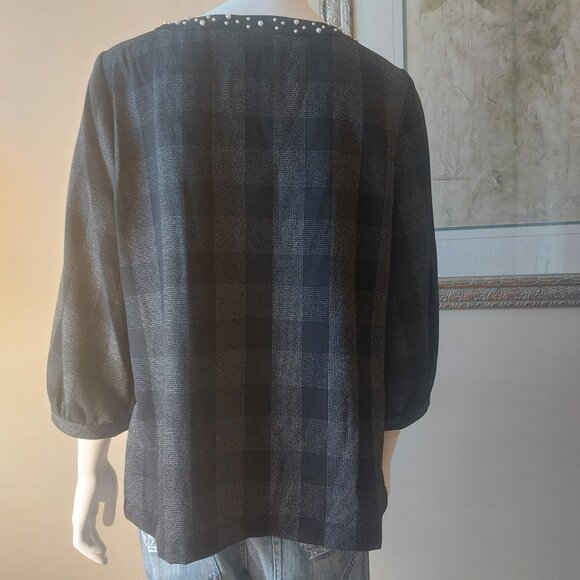 Karl Lagerfeld Paris Black & Grey Plaid top with Pearl Detailing - Picture 4 of 16